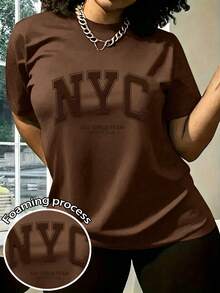 Resyla Camiseta de talla grande para mujer de color liso con cuello redondo y estampado de letras - Café integral - Ver 1