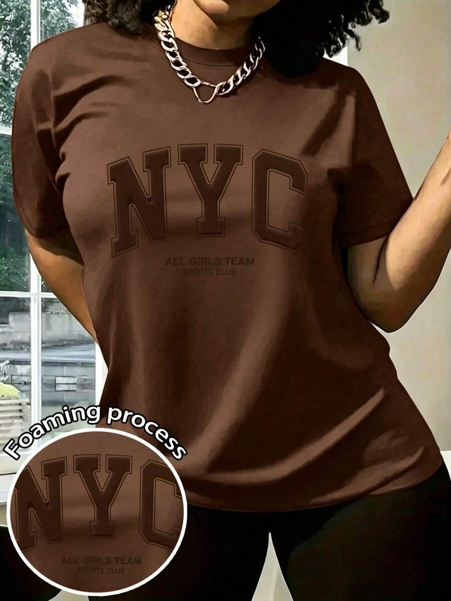 Resyla Camiseta de talla grande para mujer de color liso con cuello redondo y estampado de letras - Café integral - Ver 1