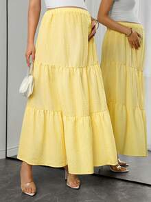 Momance Fresh Yellow Striped High Waist Maternity Midi Skirt, Vacation Style Woven Loose Fit Baby Shower Spring Casual Fall Beach Fall - Yellow - View 4