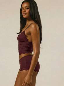 MUSERA Triangle Bust Lace Trim Adjustable Strap Cami Top And Fitted Boxer Boyshort Multipack Set Lingerie Nightwear Pajamas - Chocolate Brown - View 6