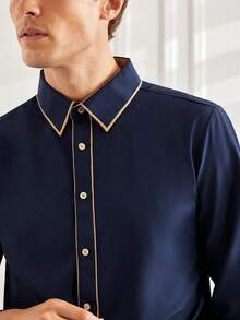 Officeau 男士皇家藍對比飾邊長袖正裝襯衫，適用正式商務/辦公場合 - 寶藍色 - 查看 8
