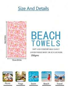 1pc Bohemian Flower Pattern Beach Towel, Oversized Ultra-Fine Fiber Beach Blanket, Super Absorbent Bath Towel, Suitable For Travel, Swimming, Diving, Surfing, Beach Accessory Summer Travel, Vacation Holiday Bathroom Decor Beach Essentials - Pink - View 11