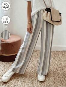 SHEIN LUNE Women's Autumn Casual Boho Cotton Blend Grey Striped Loose Fit Long Pants Suitable For Beach Vacation And Daily Commute - Grey - View 4