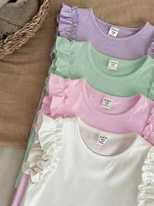 SHEIN LMoss Kids 女童 4件組 素色針織圓領荷葉邊修身T恤 - 薄荷綠 - 查看 3