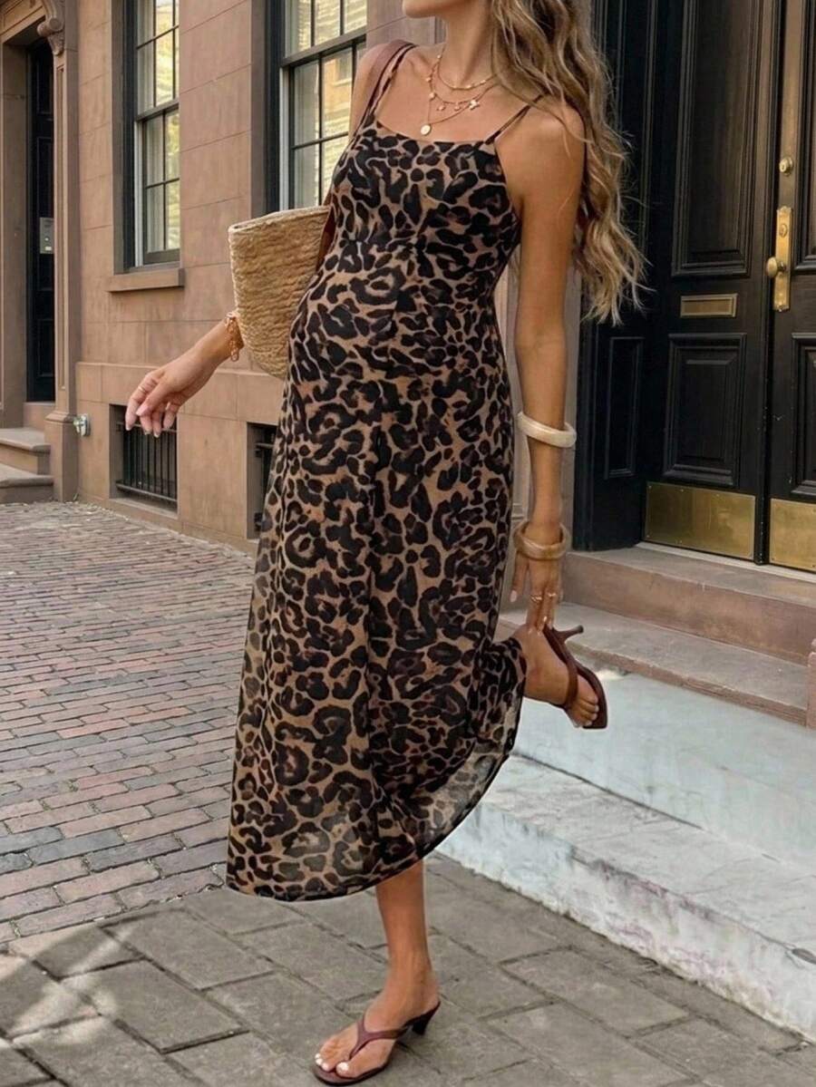 SHEIN Summer Outfits,Maternity Fashionable Leopard Print Sleeveless Dress For Summer Outings Party Maternity Going Out Maternity Beige Sexy Baggy Baggy - Blue - View 1