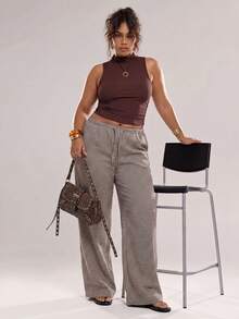 SHEIN Tall CURVE Lässige Pendler-Hose in Große Größen mit Karomuster und weitem Bein - Braun - Übersicht 6