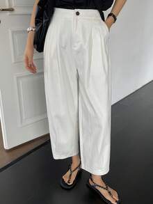 DAZY Women's Solid Color Button Pleated Casual Pants, Spring/Summer Petite - White - View 3