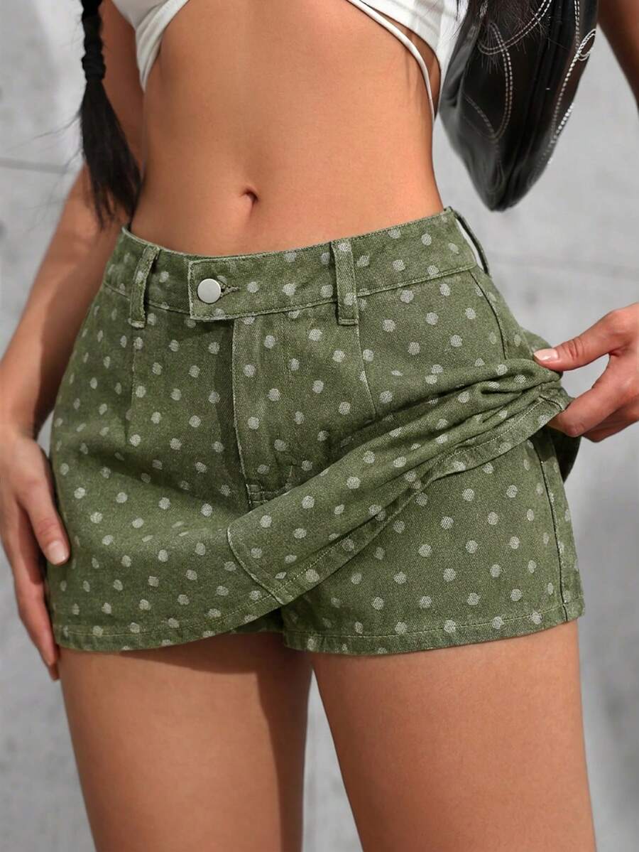 SHEIN Tall 夏季休閒波點迷你牛仔裙 - 軍綠色 - 查看 1