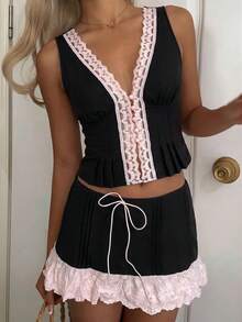 SHEIN EZwear 夏季女款 2 件組蕾絲拼接 V 領無袖上衣與裙子套裝，黑色與粉色，適合夜生活與日常穿搭，可愛風格 - 彩色 - 查看 5