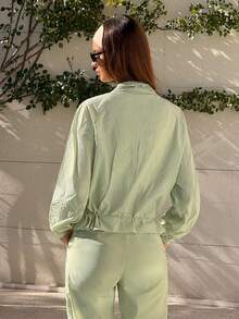 Fluxe Women Mint Green Cropped Stand Collar Zip Up Jacket Drawstring Waist Cuff Adjustable Lightweight Breathable Soft Comfort Athletic Outdoor Fall Bomber - Mint Green - View 8
