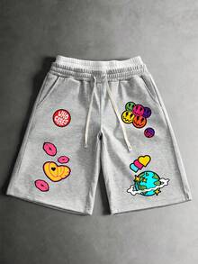 Manfinity EMRG Men's Light Gray Casual Streetwear Double Waistband Capri Pants, Y2K Style Colorful Lips Heart Planet Print, Loose Fit Drawstring Sweatpants, Summer Vacation Party Music Festival - Multicolor - View 1