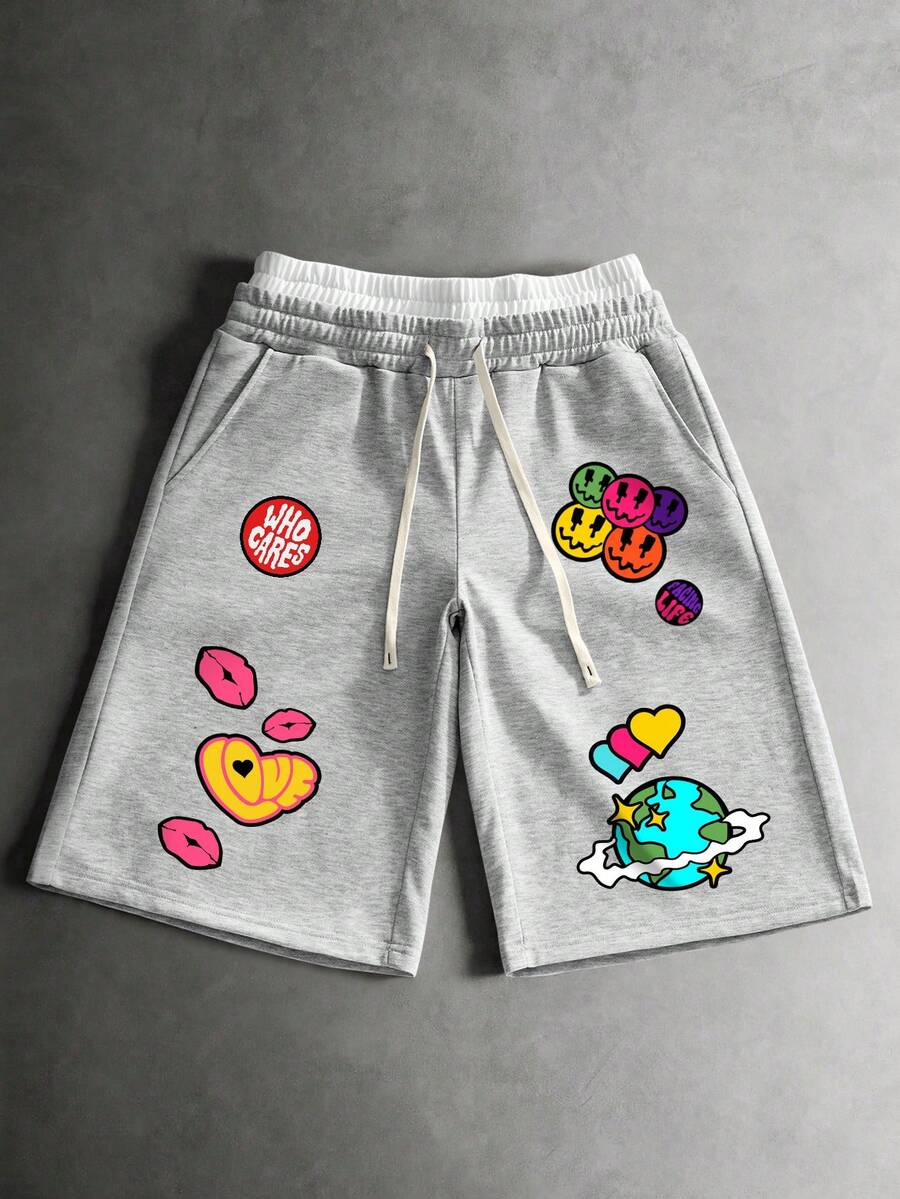 Manfinity EMRG Men's Light Gray Casual Streetwear Double Waistband Capri Pants, Y2K Style Colorful Lips Heart Planet Print, Loose Fit Drawstring Sweatpants, Summer Vacation Party Music Festival - Multicolor - View 1
