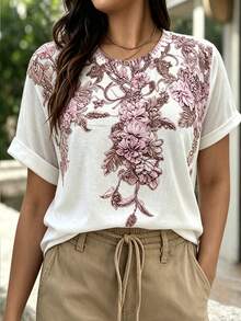 SHEIN LUNE CURVE Große Größen Urlaub Lässig Blumenmuster T-Shirt - Weiss - Übersicht 4