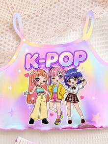 少女甜美卡通女孩印花，少女休閒 Y2K 極簡修身吊帶背心與短褲套裝，舒適穿著，甜美風格，適合夏季夜晚，粉紅色 - 彩色 - 查看 4