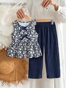 SHEIN Elladie kids 女童新款清新田園風細碎花兩件套，粉色蝴蝶結裝飾無袖背心上衣 + 粉色紋理布料寬腿長褲，甜美可愛時尚日常穿搭，夏季 - 藍色 - 查看 4