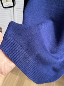 SHEIN 青少年女孩毛衣，3D毛巾刺繡圓領純藍套頭衫，柔軟針織卡通熊條紋毛衣，簡約可愛長袖上衣，適合秋冬居家、外出、派對、拍照與玩耍 - 藏蓝色 - 查看 5