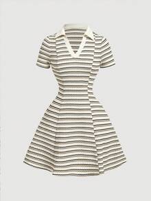 SHEIN Tween Girls Collared Short Sleeve Academy Style Split A-Line Dress, Fashionable And Comfortable For Spring/Summer - Multicolor - View 3