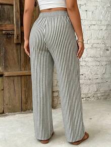 SHEIN PETITE CURVE 大尺碼女款腰部繫帶條紋直筒長褲 - 黑與白 - 查看 6