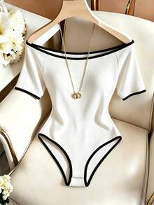 SHEIN Franclia Elegant Off Shoulder Contrast Color Patchwork Textured Fitted Waist Women's Bodysuit For Commute Everyday Date Fashion Casual Vacation Party Summer - Black and White - View 3