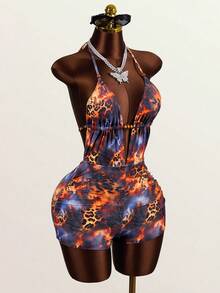 SHEIN BamGlam Traje de baño de una pieza para mujer con estampado vintage de tie-dye abstracto de leopardo, patrón aleatorio, escote profundo en V, decoración de cuentas, espalda abierta con lazo, adecuado para playa, vacaciones, casual, fiesta y otras ocasiones - Multicolor - Ver 8