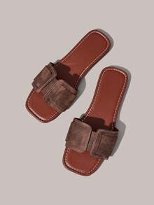 Styleloop Sandal Datar Wanita Musim Panas Sandal Liburan Bohemian Ujung Terbuka Sandal Selop Bersol Lembut - Coklat + Kulit - View 2