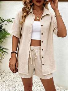 EMERY ROSE Women's Solid Color Short Sleeve Single-Breasted Shirt And Shorts 2 Pieces Set - Apricot - View 3