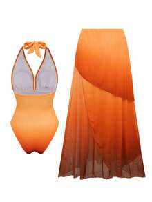 Swim Oasis 2er Set Damen Neuer Badeanzug mit Farbverlauf-Muster, Neckholder, Einteiler mit langem Mesh-Rock, sexy elegant, für Erwachsene, Urlaub, avantgardistisch, minimalistisch, Party - Verschiedenfarbig - Übersicht 2