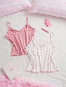 SweetSlumber Women's Sweet Ins Floral Bow Print Pajama Top 2pcs Set - Pink - View 2