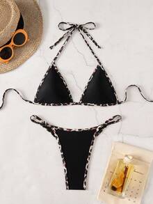 SHEIN Swim 女款豹紋拼接性感掛脖綁帶比基尼兩件式泳衣套裝 - 黑色 - 查看 2