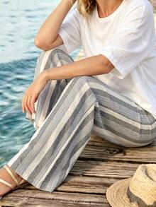 SHEIN LUNE Women's Autumn Casual Boho Cotton Blend Grey Striped Loose Fit Long Pants Suitable For Beach Vacation And Daily Commute - Grey - View 7