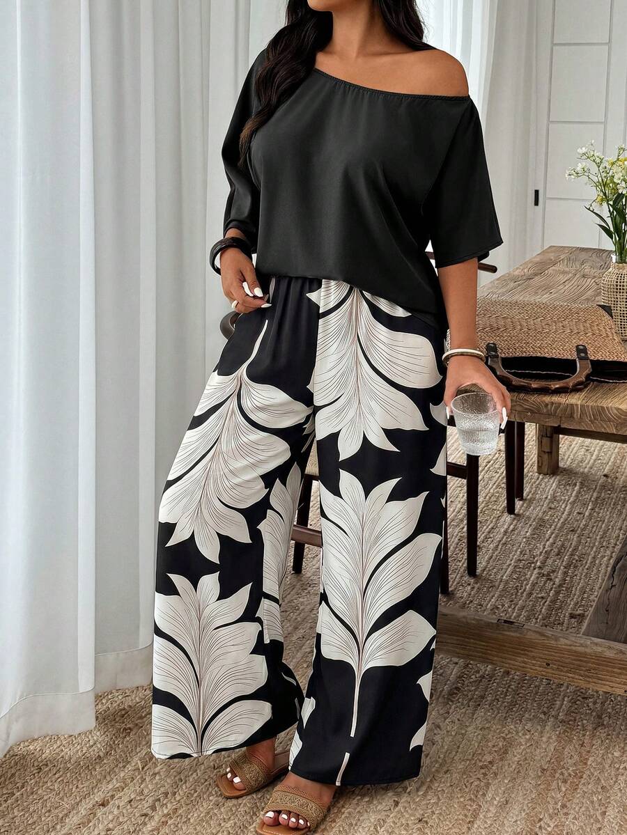 Weeklong Women's Plus Size Spring/Autumn Casual Vacation Solid Color Top & Dual-Color Leaf Print Pants 2-Piece Set, Suitable For Daily Wear And Vacation Fall - Multicolor - View 1