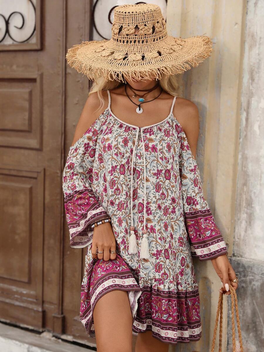 Brillora Women's Floral Print Off-Shoulder Spaghetti Strap Mini Dress For Vacation And Casual Wear - Multicolor - View 1