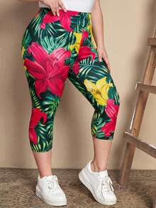 EMERY ROSE Plus Size Women's Tropical Plant Print 3/4 Length Leggings For Vacation Summer Spring Clothing Beach Outfits For Women Vacation Outfits - Multicolor - View 10