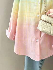 SHEIN 女士夏季渐变格子单排扣休闲百搭日常衬衫 - 彩色 - 查看 3