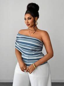 Maweii Plus Size Women's Summer Vacation Beach Blue And White Striped Knit Top Asymmetrical Shoulder Design Fitted Sleeveless Casual Western - Multicolor - View 5