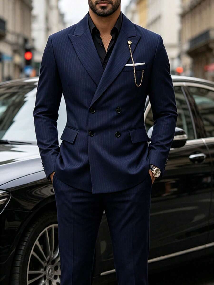 Manfinity Bizformal Men's Navy Jacquard Business Suit Set, Spring/Summer, Formal - Navy Blue - View 1