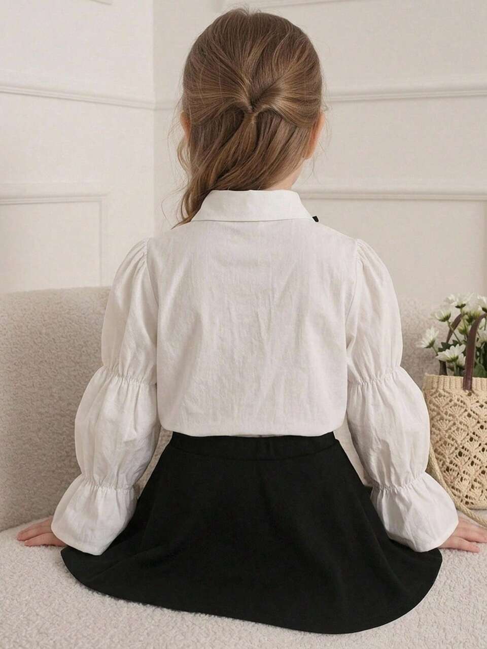 Cute Bow Decor Puff Sleeve Shirt Collar Outerwear Young Girls Shirt