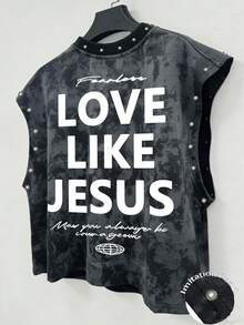 Manfinity EMRG 男士復古街頭休閒「Love Like Jesus, Fearless, May You Always Be Brave」人造珍珠短版背心，度假款 - 黑色 - 查看 1