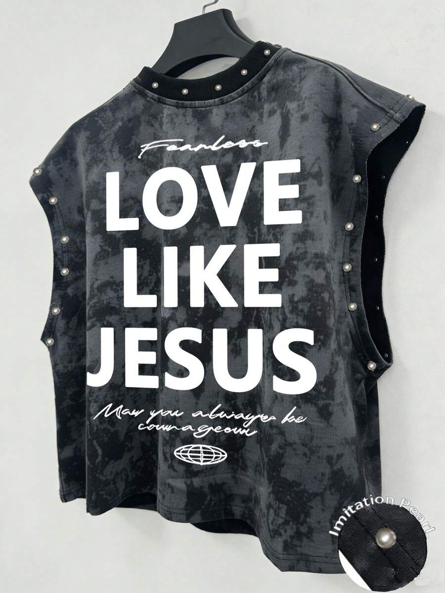 Manfinity EMRG 男士復古街頭休閒「Love Like Jesus, Fearless, May You Always Be Brave」人造珍珠短版背心,度假款 - 黑色 - 查看 1