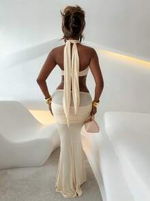 Mariisbox Women's Spring/Summer Resort Wrap Asymmetric Flounce Super Long Fish Tail Tight Bodycon Dress Elegant Party - Apricot - View 3