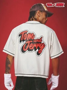 TOM & JERRY X SHEIN PAVTROS Men's Summer Casual Striped Letter Print Shirt - White - View 4