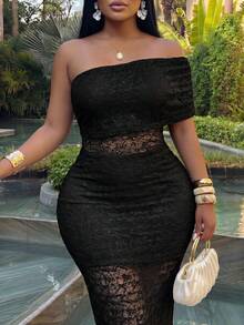Veslaya Spring/Summer New Sexy & Elegant & Date & Party & Gathering & Wedding Season & Graduation Season & Beach Vacation & Hotel Vacation Fitted Solid White Sleeveless Off-Shoulder Single-Slit Semi-Sheer Knit Texture Fabric Women's Plus Size Mid-Length Dress-Z - Black - View 3