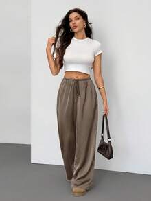 SHEIN Tall 女款低腰休閒復古緞面百搭棕色美拉德色長裙 - 摩卡棕 - 查看 6