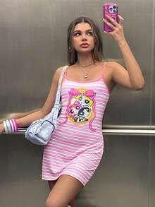 THE POWERPUFF GIRLS X SHEIN Women's Striped Cartoon Print Casual Daily Short Strap Dress - Pink - View 1