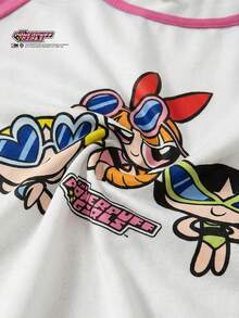 Maija Kids THE POWERPUFF GIRLS X SHEIN Maija Kids 兒童 1 件大童女孩休閒 Y2K 卡通圖案極簡短袖高腰 T-shirt，適合夏季返校校園穿搭，白色 - 彩色 - 查看 7