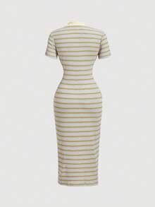 SHEIN MOD 女款條紋POLO領短袖修身中長洋裝 - 彩色 - 查看 4