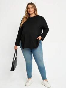Plussiva Plus Size Maternity Casual Autumn Black Long-Sleeved Loose T-Shirt Versatile Solid Color Side Slit Top Fall Work Breast Feeding Postpartum - Black - View 4