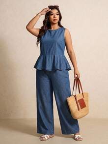 Elaquor Plus Size Women's Casual Formal Whimsical Vacation Commute Sleeveless Ruffle Hem Denim Top And Wide Leg Jeans 2 Pieces Set, Spring/Summer Festival - Light Wash - View 2