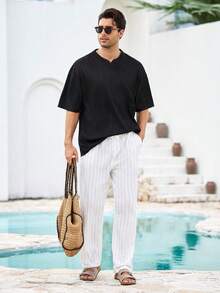 Mercer Haus 男士黑色純色V領短袖聚酯纖維T恤，羅紋設計，春夏款，輕量透氣涼爽，休閒舒適，適合男友、丈夫、父親的禮物 - 黑色 - 查看 3