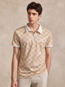 Courvante Men Summer Casual Color Block Geometric Printed Short Sleeve Polo Shirt, For Golf - Apricot - View 1